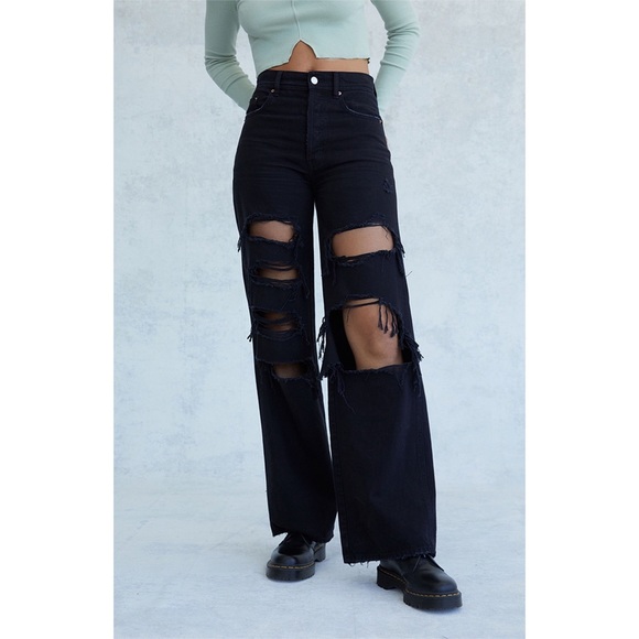 Pacsun Eco Black Distressed High Waisted Baggy Jeans Denim New Ripped Destroyed - Picture 2 of 8